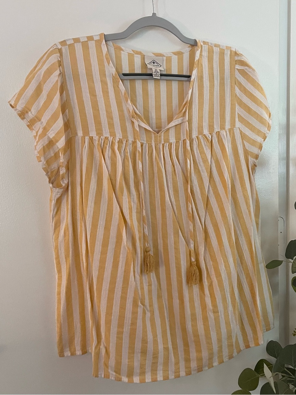St. John's Bay Yellow and White Striped Tassel Peasant Top